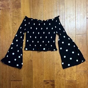 Mendee Polka Dot Smocked Off Shoulder Bell Sleeve Top Size L Black Fairy Cottage